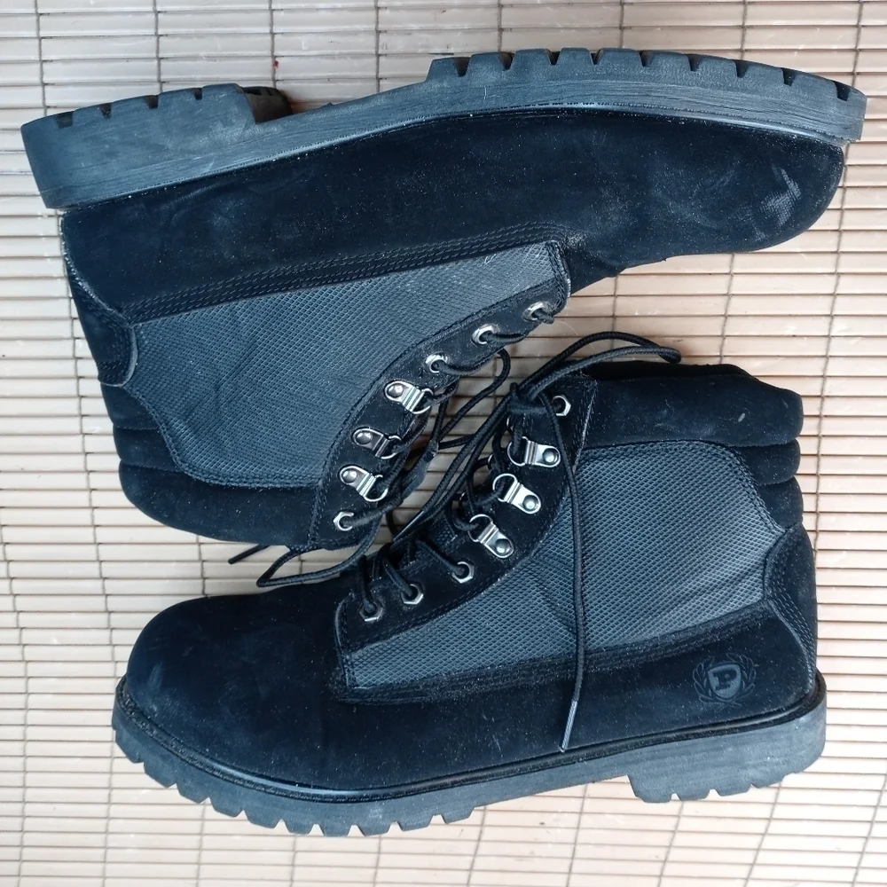 Phat Farm men's black veggie suede boots. Sz 12M. Lace. Lug soles. 165pm